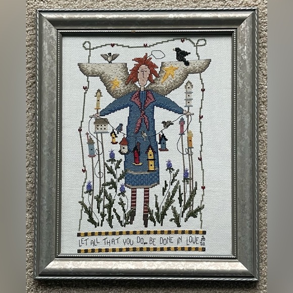 Vintage Scripture Garden Angel Finished & Framed Counted CrossStitch 14” x 17” - Picture 1 of 5